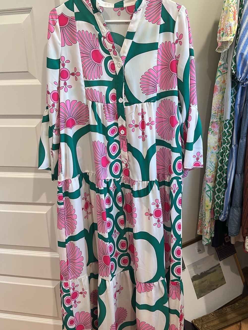 Green & Pink Floral Tiered Maxi Dress